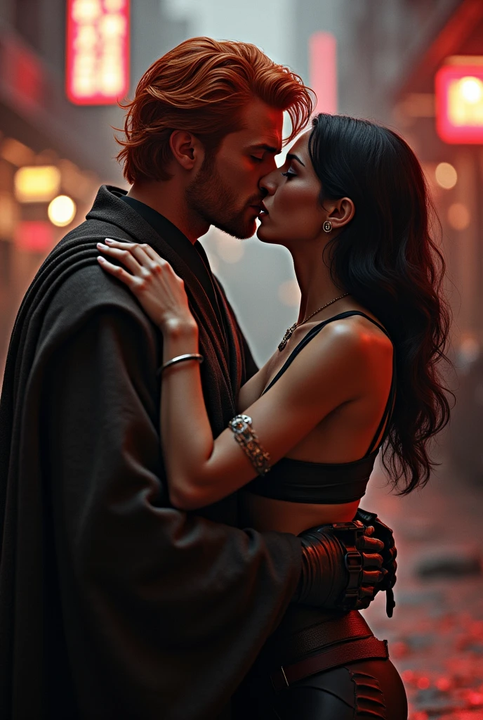 Male Red haired Jedi hugs a female blackhaired bounty hunter very tight, their lips intertwined and his hand on her cheek