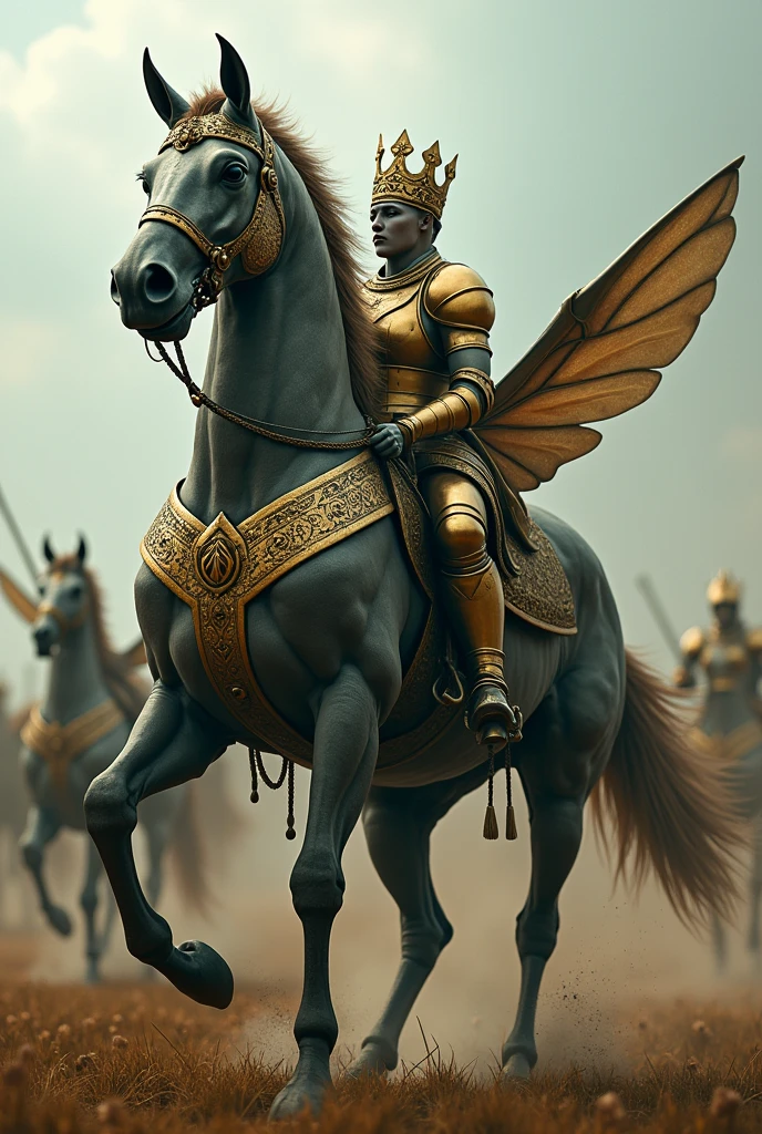 horse-like grasshoppers, equipped for war; and on their heads were some like crowns, similar to gold; and their faces were like the faces of men;
And they had hair like women's hair, and his teeth were like lions;
And they had breastplates like iron breastplates; and the noise of their wings was like the noise of cars, when many horses run to fight;
And they had tails similar to those of scorpions, and stingers on their tails; and its power was to harm men for five months.