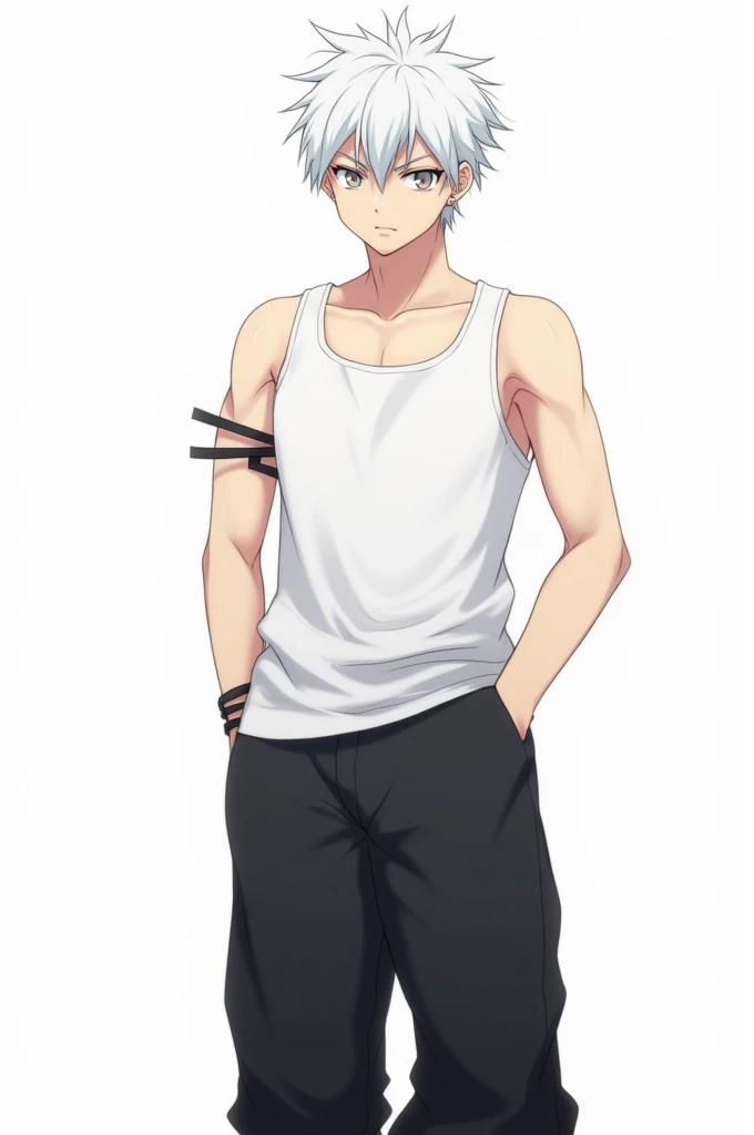 Male character of "tensei shitara slime datta ken", with white hair, gray eyes and a small earring. wears a white tank top and black baggy pants.
Full-body image.
white background image.
he wears an accessory on his arm.