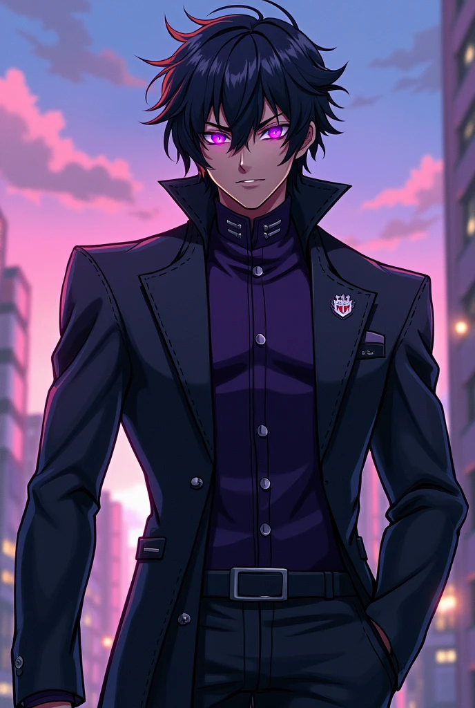 Create an anime character with these characteristics, It&#39;s a boy. She has black hair and her eyes light up a deep purple color., wear a gabardine jacket. He is really imposing. Belongs to the Autobots Elite Guard 