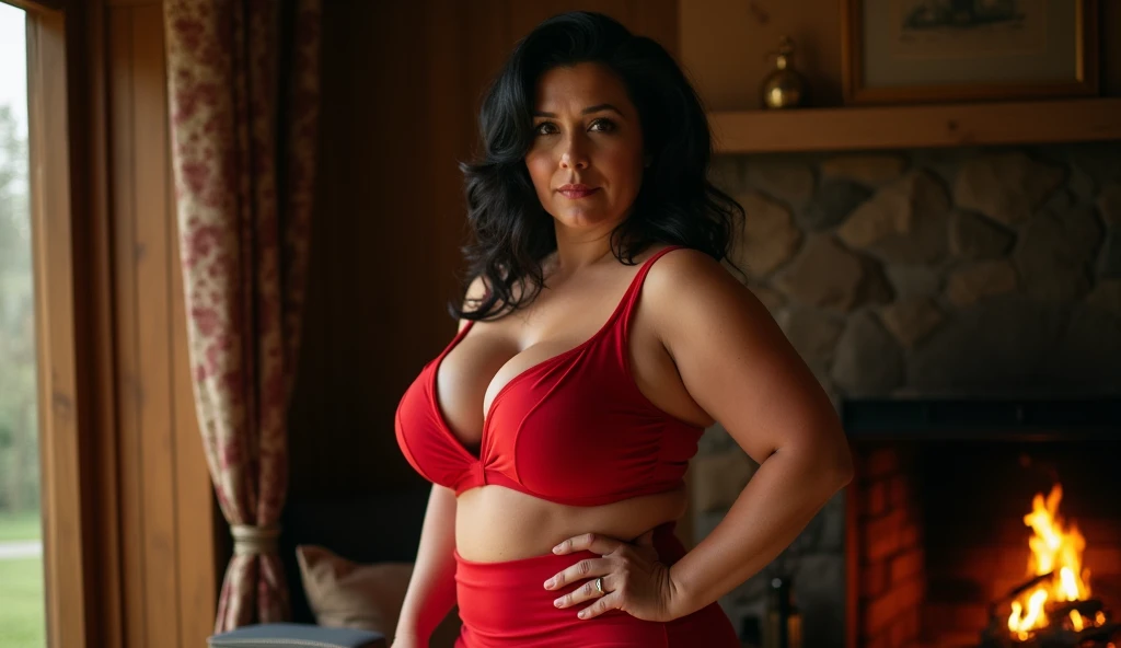 woman with black hair, dressed in a short red tennis skirt, is next to the fireplace, doing a sensual pose, is standing, sticking out her ass, mature woman in her 60s, curvaceous, hot, voluminous body, cleavage, large breasts, approximately 60 years old , side image, full body, from head to toe, looking for camera, posing, stunning, natural mature woman,