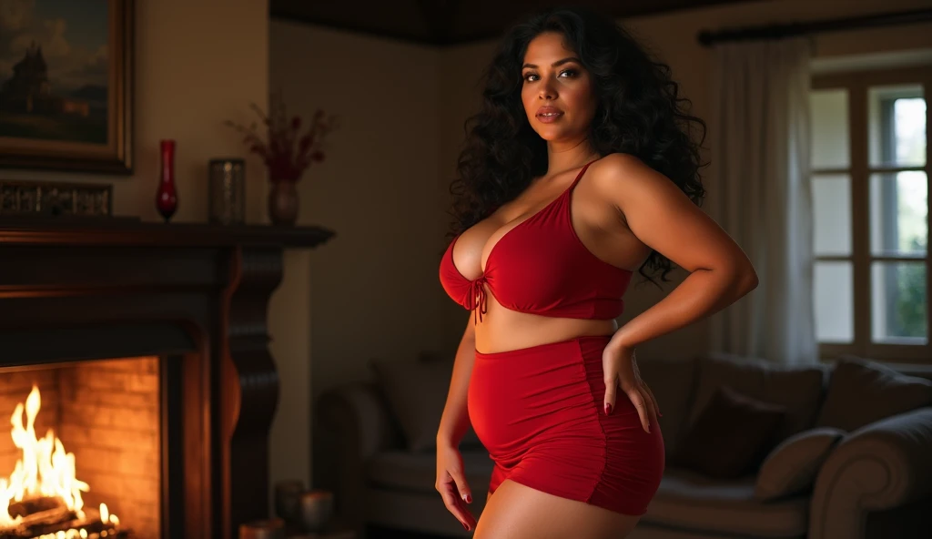 woman with black hair, dressed in a short red tennis skirt, is next to the fireplace, doing a sensual pose, is standing, sticking out her ass, mature woman in her 60s, curvaceous, hot, voluminous body, cleavage, large breasts, approximately 60 years old , side image, full body, from head to toe, looking for camera, posing, stunning, natural mature woman,