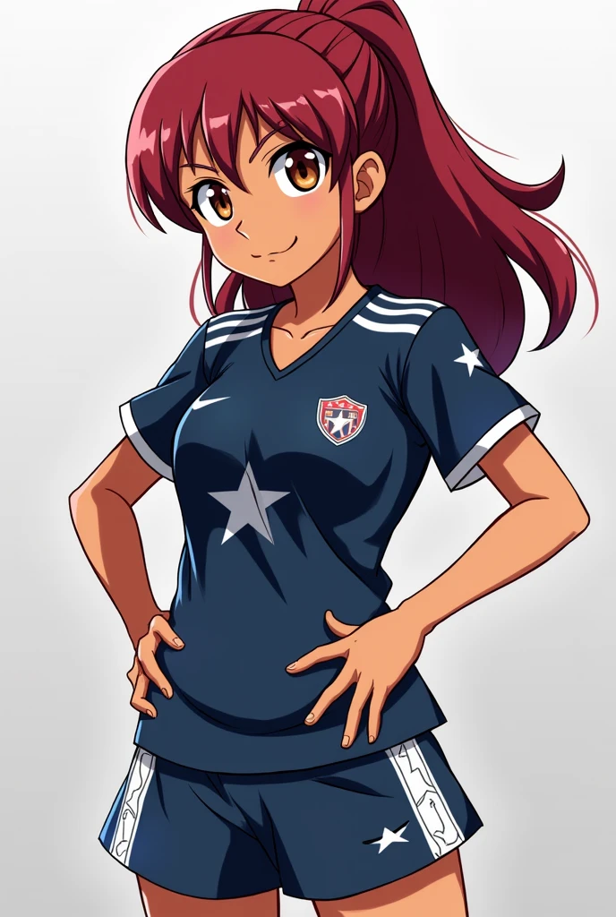 Inazuma eleven character, woman with red dark hair and brown eyes. Medium dark skin. Generate a uniform with a silver star.