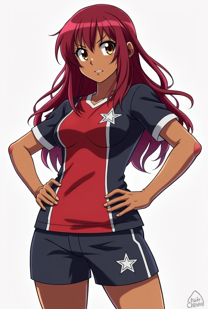 Inazuma eleven character, woman with red dark hair and brown eyes. Medium dark skin. Generate a uniform with a silver star.