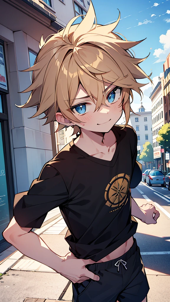 ,highres,wallpaper,独奏,original,illustration,Blue eyes,ymasterpiece,male,male focus,boy, ((masterpiece)),(((best quality))), (high-quality, breathtaking), (expressive eyes, perfect face), 1boy, 独奏, male,on street, sky, day,shorts, smirk,black shirt,short hair:1.2,juvenile,Bulge