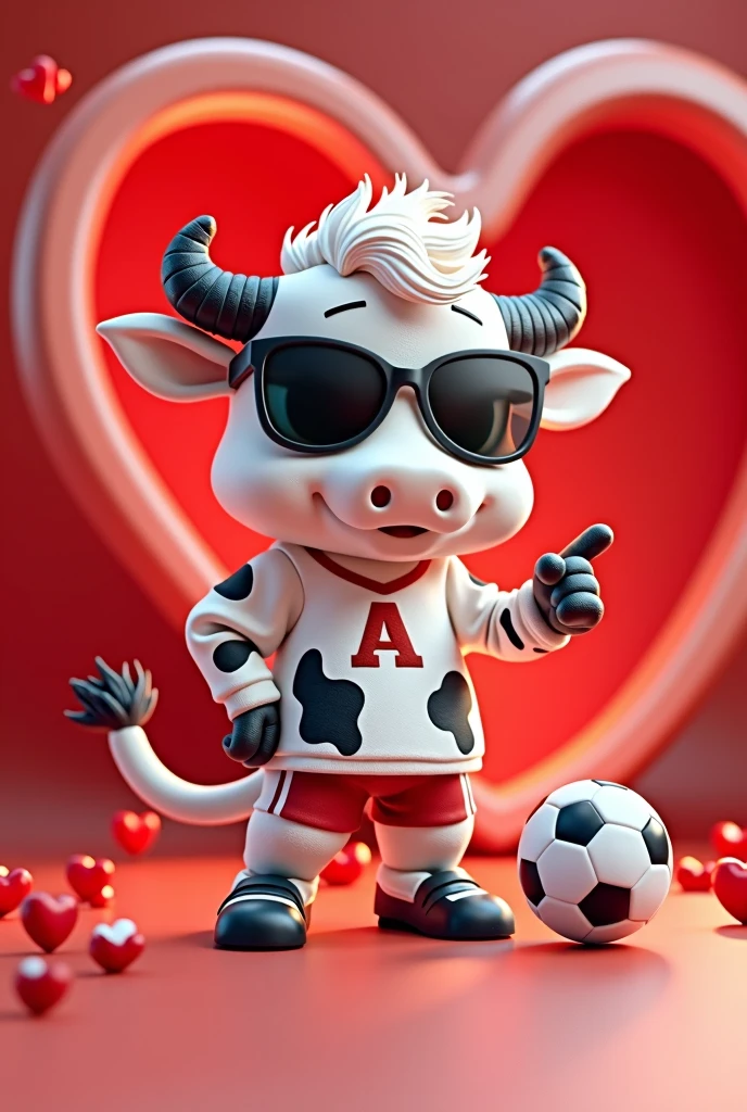 A team mascot as if it were a Looney Tunes character. It will be a white cow with black spots in the shape of a heart., She looks funny but nice, with sunglasses and sportswear and that has a "a" on the chest and on the foot a soccer ball, all this with him by my side, pointing to a big heart. the background colors will be red and white, make mini details that contain hearts