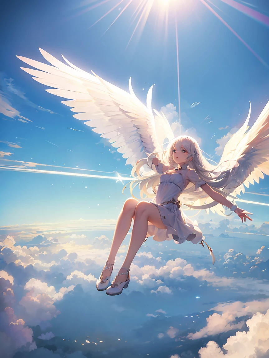 Far away scene, girl flying above with clouds, sun rays, white hair, wings, white dress, fantasy scene, high resolution, high detail, very detailed