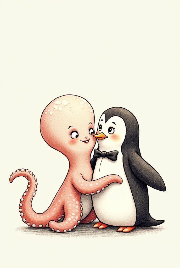 Pencil drawing of a cartoon style female octopus giving a kiss on the cheek to a cartoon style male penguin