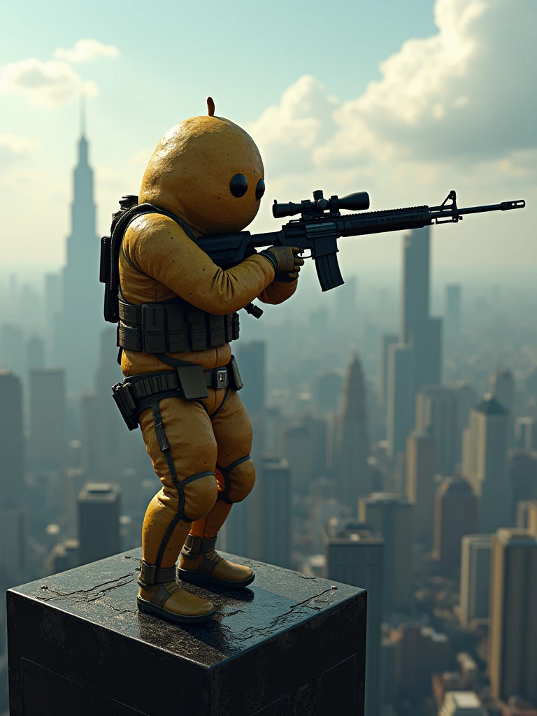 a potato assassin holding a sniper rifle on the top of a tall building, highly detailed, photorealistic, 8k, hyperrealistic, dramatic lighting, cinematic composition, intricate details, impeccable rendering, masterpiece, award winning, concept art, cinematic quality