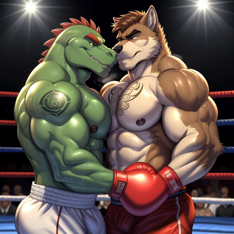 Duo male(Green Gator fighting Brown wolf), handsomes(handsome hairstyle, Thick eyebrows, detailed face), gay(cuddling embraced, face to face, body with body, on a boxing match), hot(Shirtless), handsomes(They are handsomes, correct anatomy), musculosos(Big muscle bodies, Six packs, muscle abs, big pecs), sweaty(very sweaty wet bodies, shiny sweat), tatuajes(they have tattoos), grumpy(Both have an grumpy expression, showing grumpy teeths, steaming breath), boxing gloves(They both are wearing boxing gloves), Hight resolution, by(Zourik:1.1)