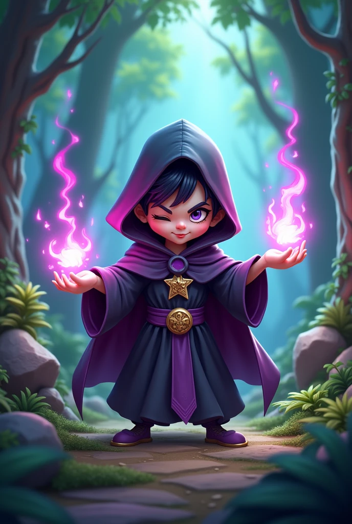 a 3d chibi style necromancer, wearing black purpleish cloak, magic effects and elements, forest environment. Need this for a game ad, so make it like a poster