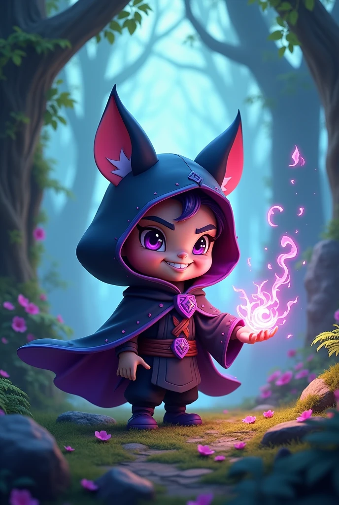 a 3d chibi style necromancer, wearing black purpleish cloak, magic effects and elements, forest environment. Need this for a game ad, so make it like a poster