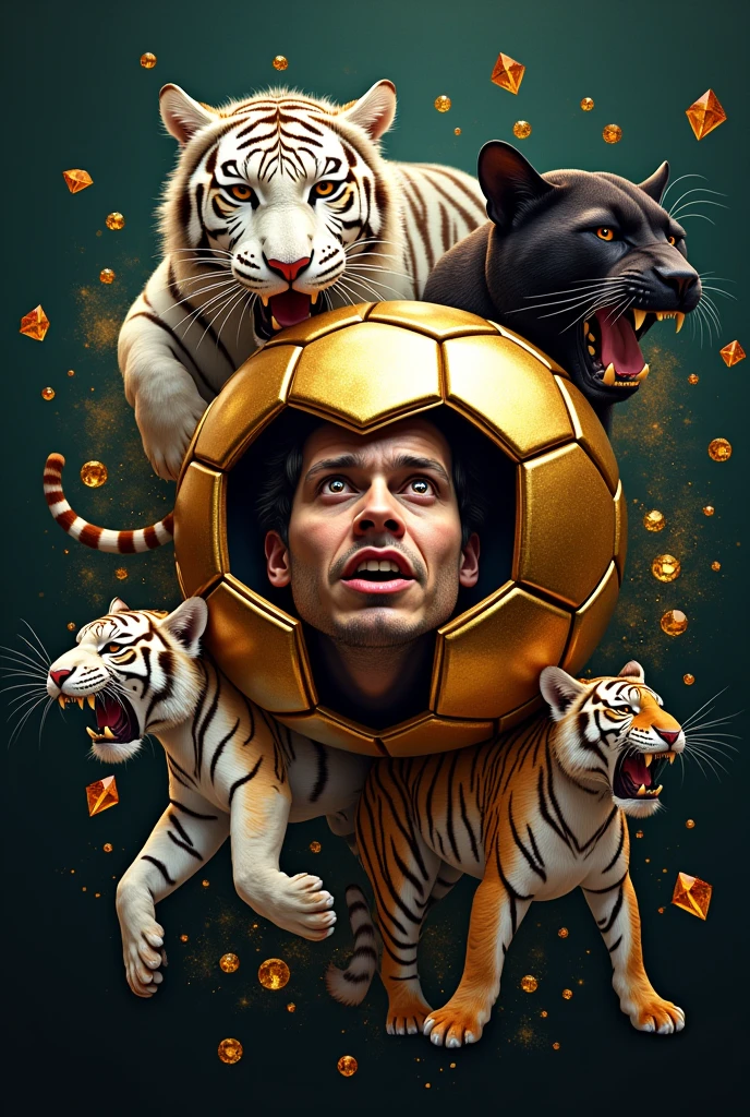 Logo of a gold plated soccer ball with a face inside the ball of a crazy animated schizophrenic holding the ball the white Bengal tiger and the fierce panther for schizophrenics of the goal with the Mexican flag in the background and diamonds in the air