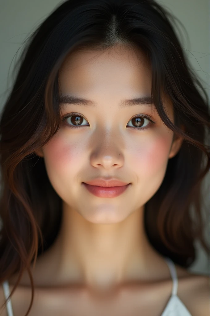 Femme brune 21 ans belle yeux marron face à la caméra photo réaliste 