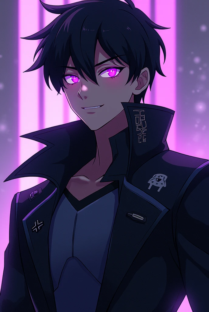 Create an anime character with these characteristics, It&#39;s a boy. She has black hair and her eyes light up a deep purple color., wear a gabardine jacket. He is really imposing. Belongs to the Autobots Elite Guard 