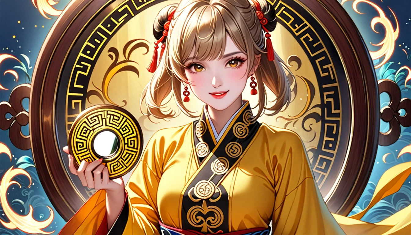 Beautiful Girl Spirit Taoist、Yellow Taoist Clothing、Bagua pattern(black)、Bagua Mirror、bill、Spell