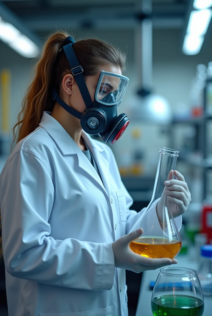 generates the image of a chemical laboratory where a chemical analyst is performing an acid digestion holding a flask in his hand and in the background you can see the fume extraction hood, The analyst must wear a white coat and a mask with vapor filters..