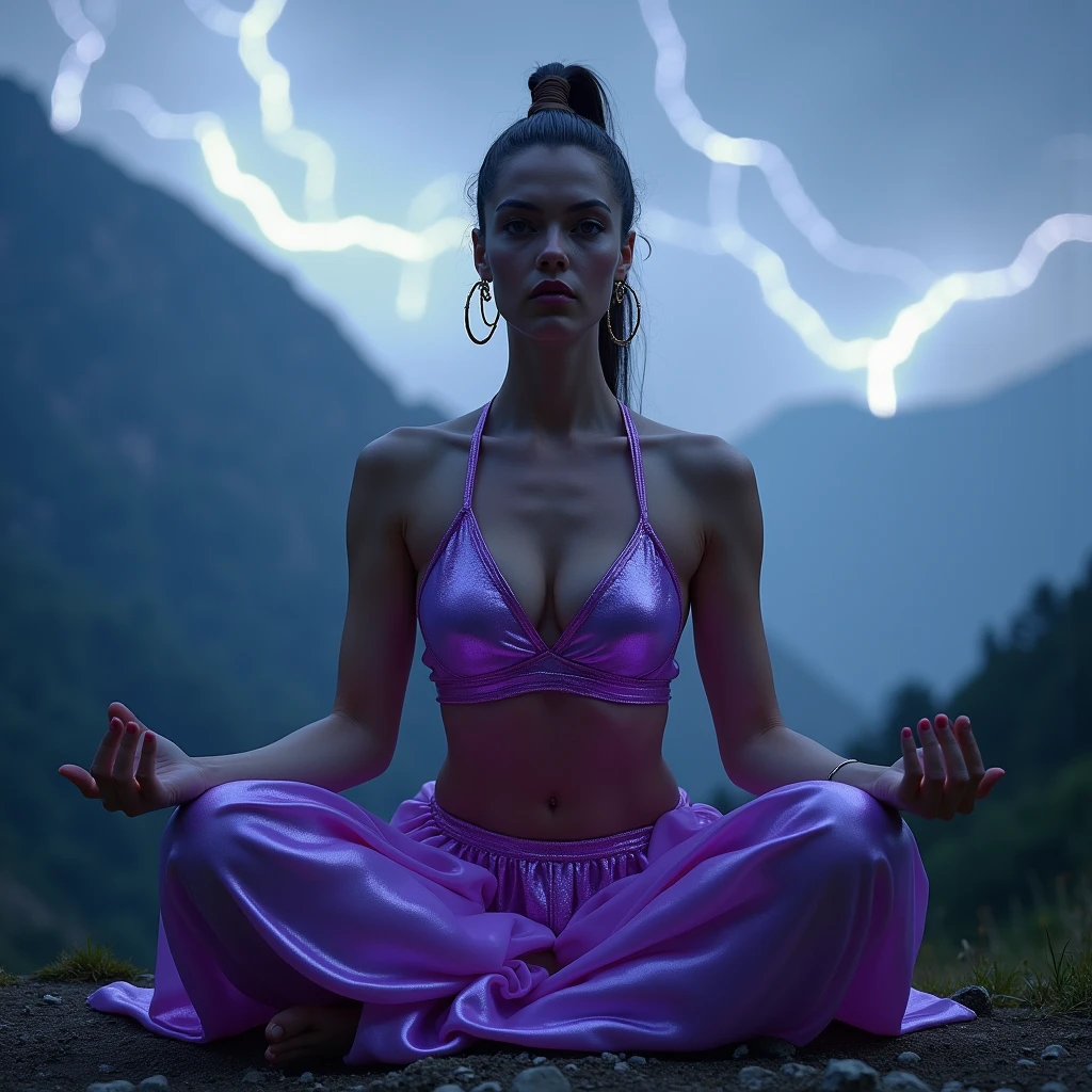 1 nubile Swedish girl wearing vivd glossy Jezebel in the bible costume and in namaste pose and extreme squatting, 3:4 full frontal body portrait, ((merge and use young faces of Lynda Carter and Rila Fukushima into best 50/50 blend)), (eyes wide open, wide open eyes, blank stare, best detailed face, best lifelike face, best lifelike nose and eyes), Grecian upstyle hairstyle with high standing ponytail, pucker lips, pale snowy colored skin, huge hoop earrings, bodacious, playboy playmate archetype, perfect bikini body, (((massive breasts))), sweaty, show armpits, showing both armpits, cameltoe, underboobs, wearing vivid glossy neon-purple harem ensemble, mindless facial expression, deeply hypnotized facial expression, deeply entranced facial expression, ((primeval backdrop with Intense lightning strikes and severe thunderstorms towering over misty mountains)), (RAW Photo, 12K, best quality, best masterpiece, hires, best realism, best photorealism, vivid colors and natural outdoor lighting)
