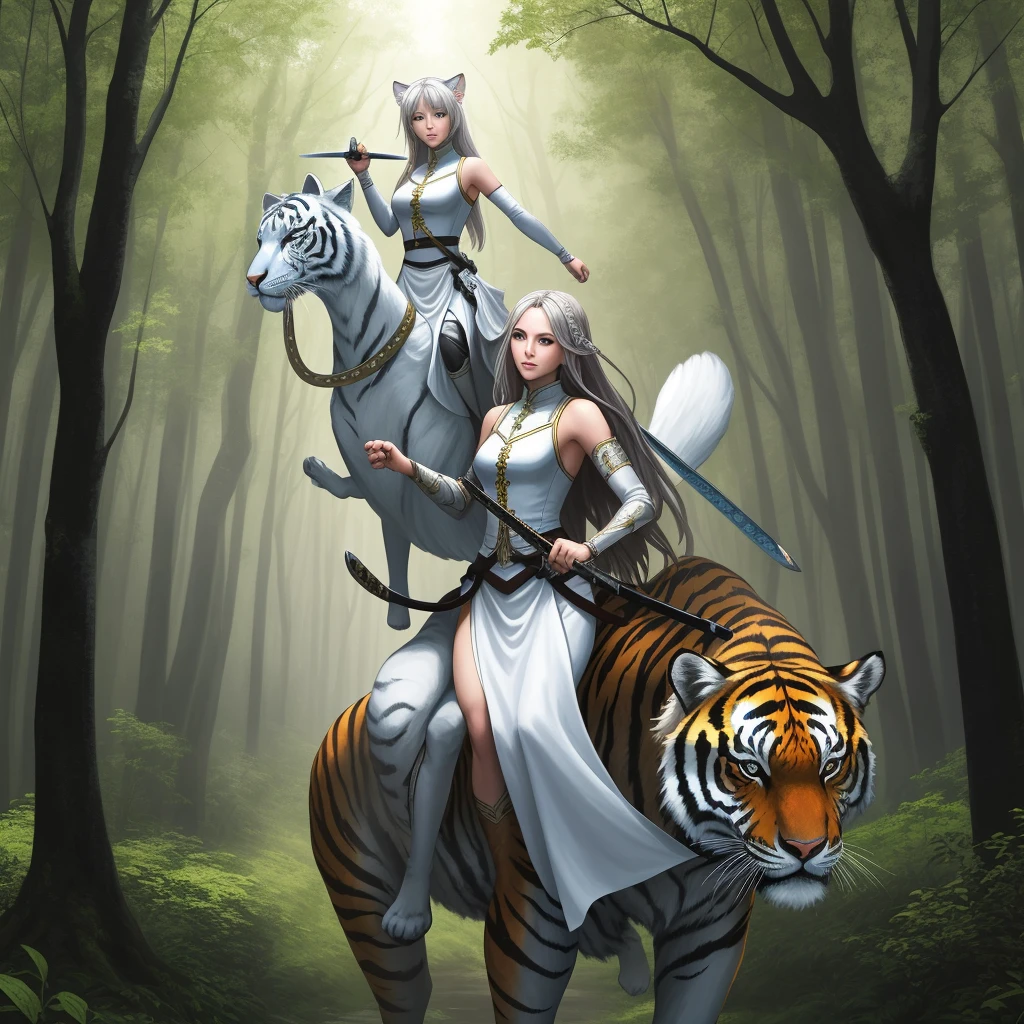 (masterpiece:1.2), (high quality:1.2), White silk cloth is cut into the shapes of tigers and female swordsmen and arranged three-dimensionally to resemble a painting, The background is also made of white silk cloth, arranged like a path in a forest surrounded by trees, The silk cloth shines beautifully in the light, creating a three-dimensional effect, A female swordsman rides on the back of a tiger and wields a sword