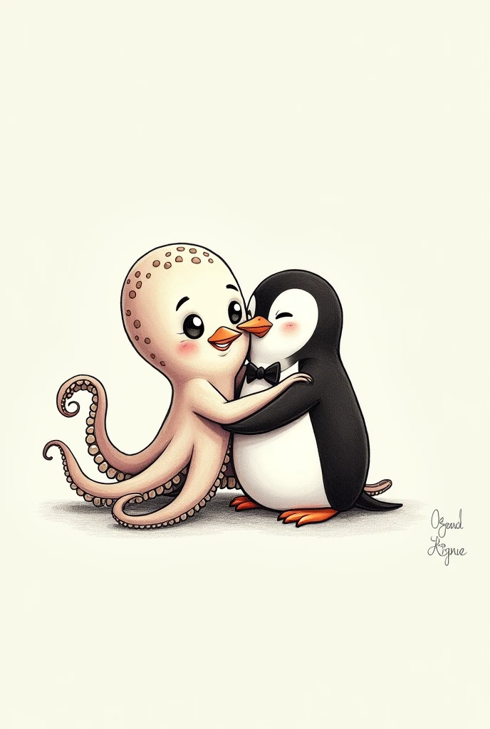 Pencil drawing of a cartoon style female octopus giving a kiss on the cheek to a cartoon style male penguin 