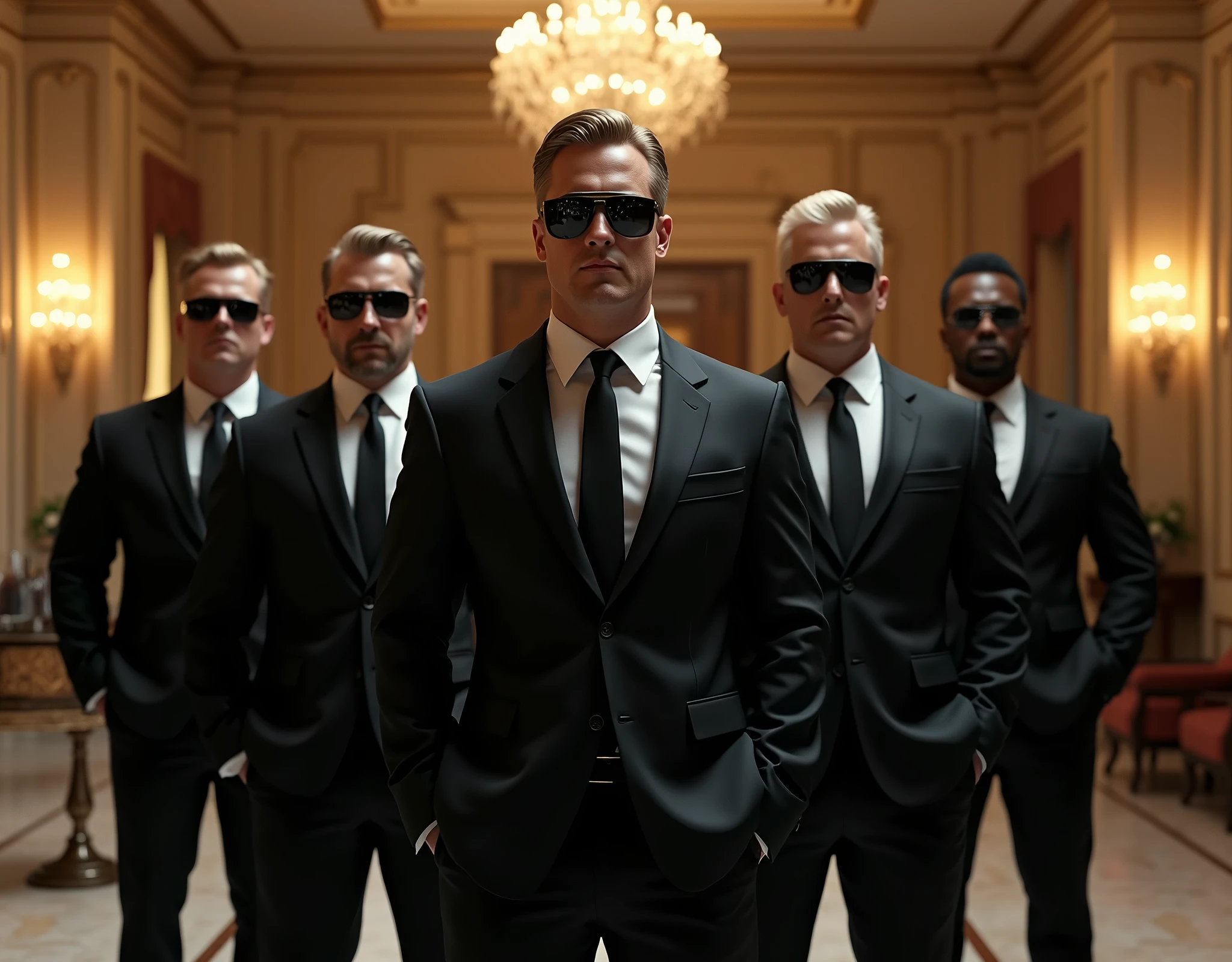 Make an image for a group of male security guards with a variety of hair colors, dress in black formal suits, black dress shoes, and dark sunglasses inside a mansion ballroom