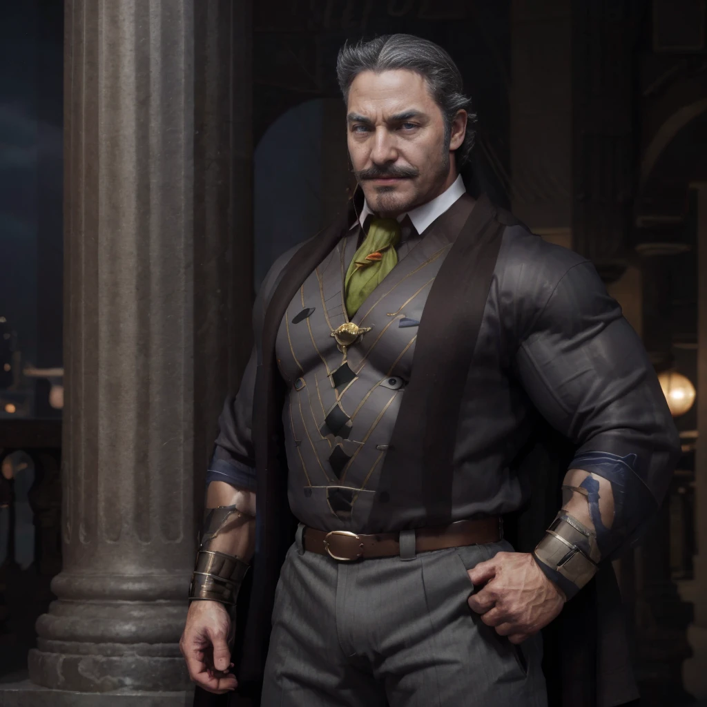 1man, middle-aged man, red eyes, evil smirk, mustache, beard, prominent muscular body, veins, bigger muscle biceps, bigger muscle chest, bodybuilder bodyshaped, wearing dark blue blouse (clothes), brown trousers, midnight city (background), red moon, hd, high quality, realistic, hyperdetail, ultra-realistic, 8k Resolution 