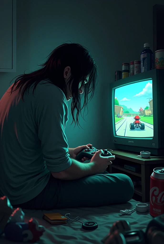 An adult with long hair trapped inside his dark room always play mario kart with no friends 