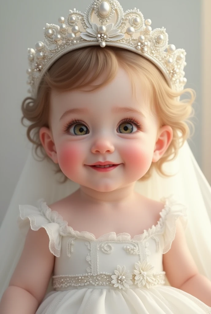 A happy baby girl wearing a Beautiful white dress and crown, a high-detailed 2d 