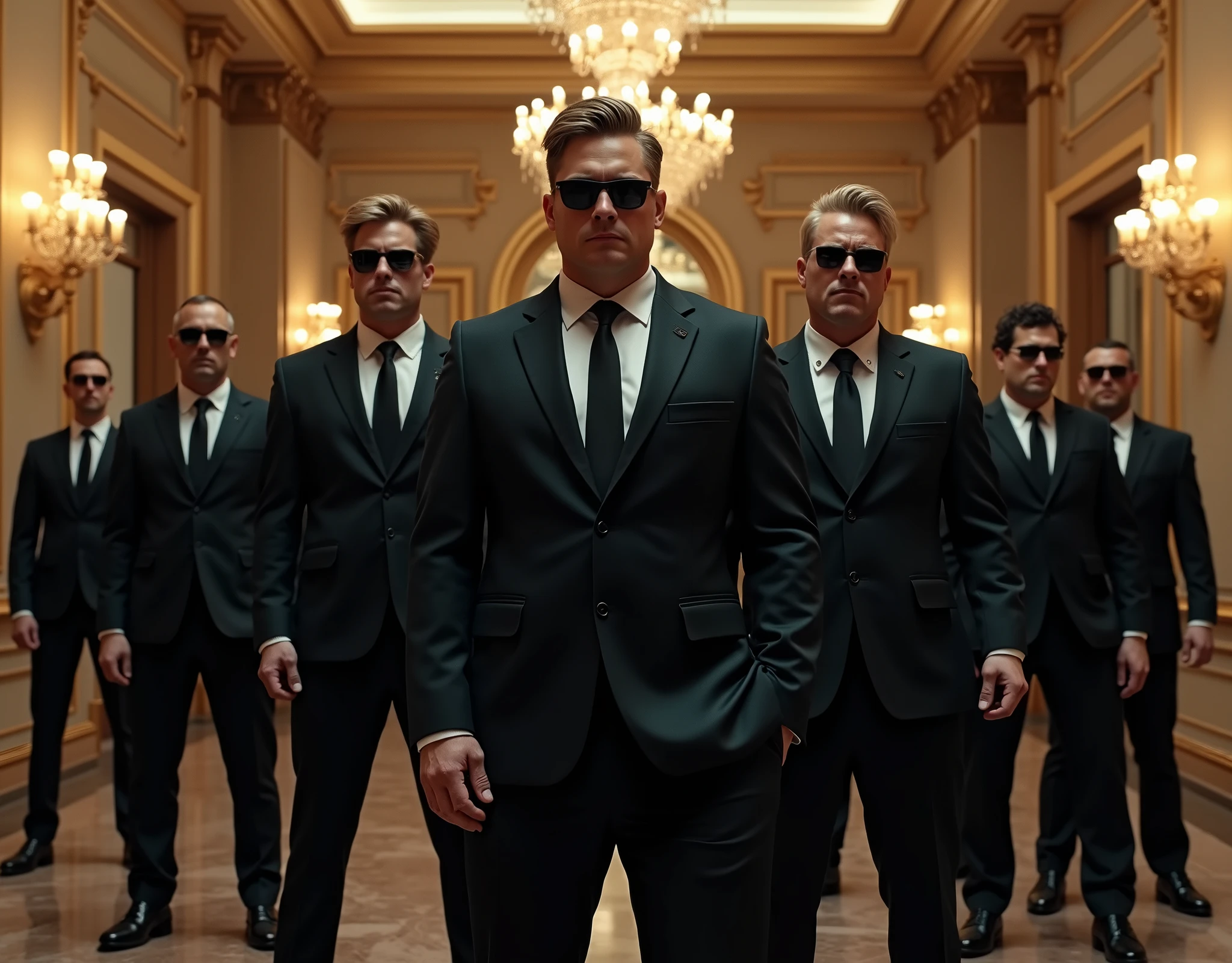 Make an image for a group of male security guards with a variety of hair colors, dress in black formal suits, black dress shoes, and dark sunglasses inside a mansion ballroom
