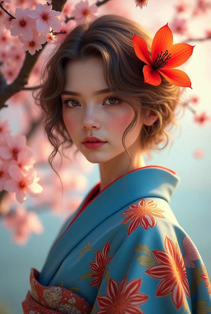 girl with short wavy light brown almost golden hair, Dark brown eyes with dark skin wearing a blue spider lily kimono with a cherry blossom tree background