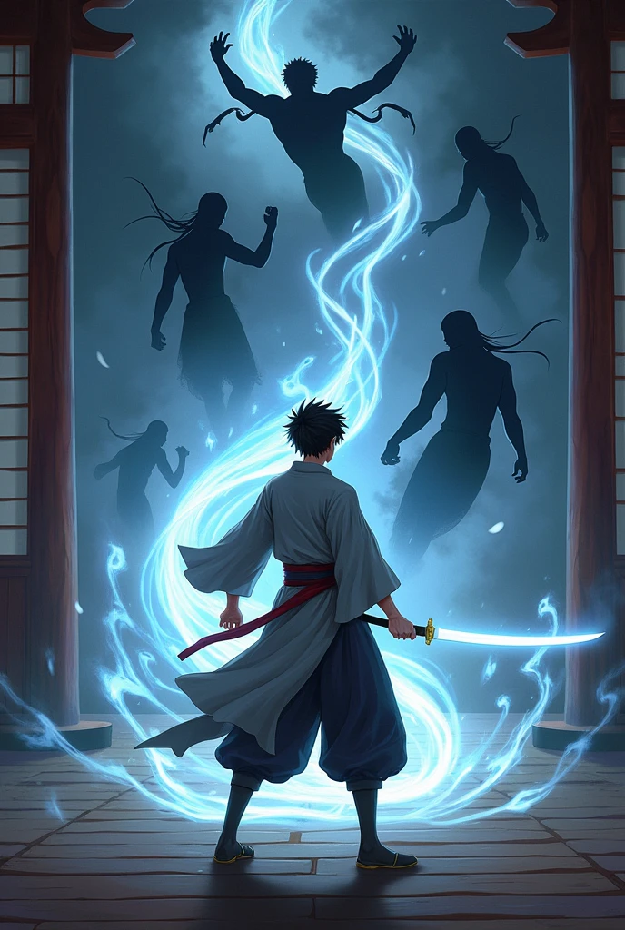 Anime boy with white aura katana fighting evil shadows with hulan shape in a japanese dojo 