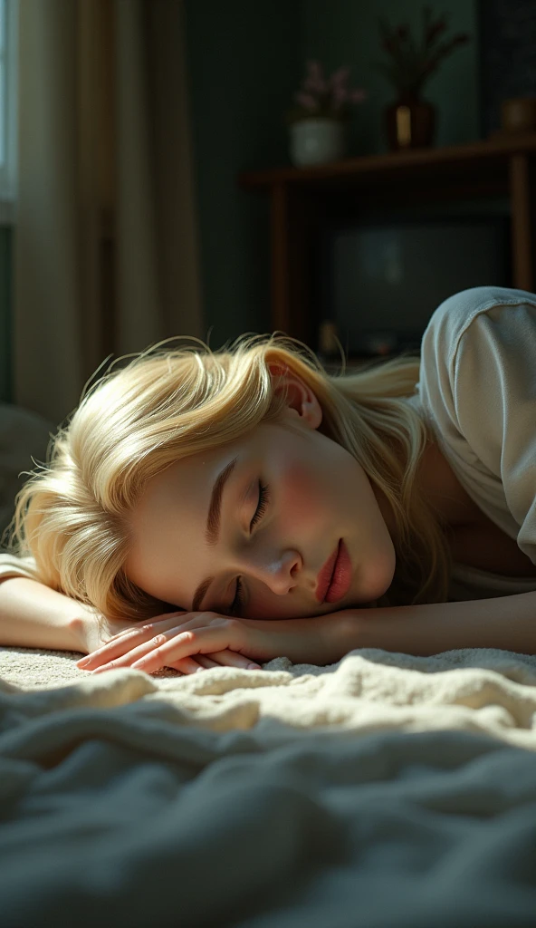 A bleeding blonde young woman laying at her back in a coma at the floor of her home, pixar style, cinematic, masterpiece, high-aesthetic, portrait