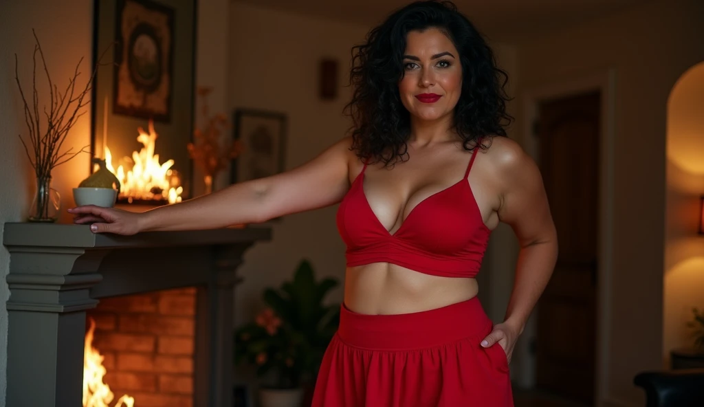 woman with black hair, dressed in a short red tennis skirt, is next to the fireplace, doing a sensual pose, is standing, sticking out her ass, mature woman in her 60s, curvaceous, hot, voluminous body, cleavage, large breasts, approximately 60 years old , side image, full body, from head to toe, looking for camera, posing, stunning, natural mature woman,