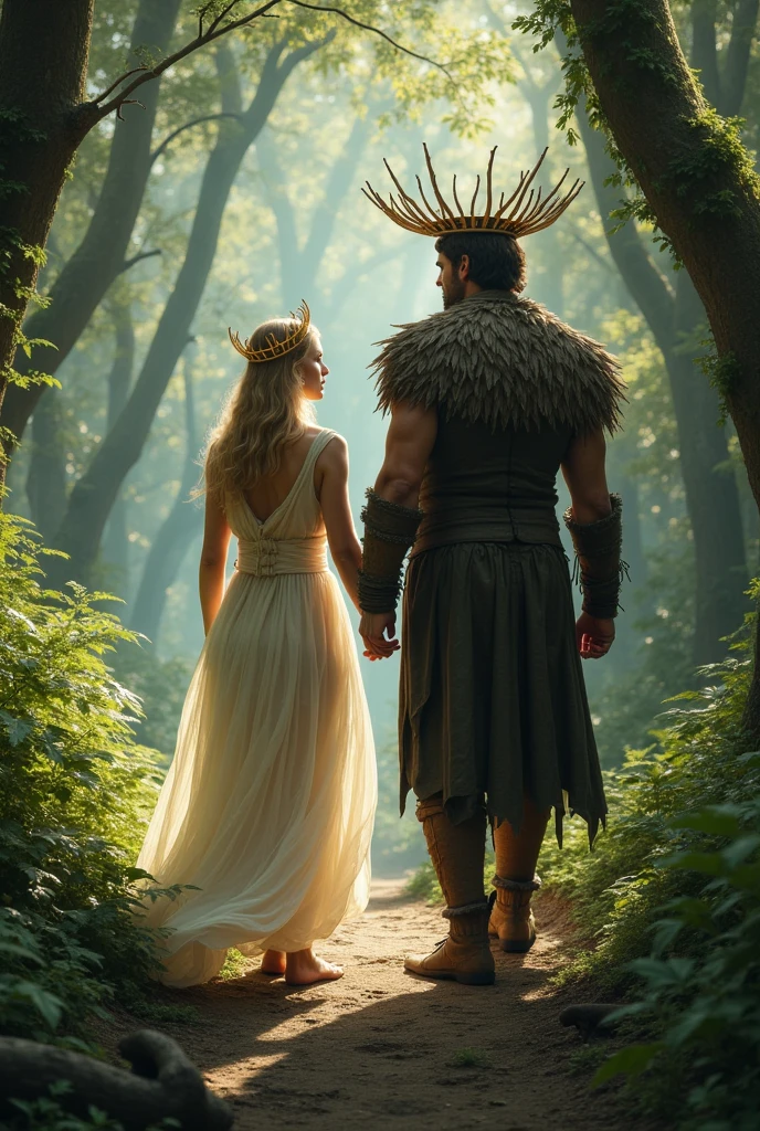A woman with an angelic face and golden hair, not so long, 20 year, dressed in Sansa Stark style, wearing a crown of bones. She is on a trail in the forest walking with a strong man, high 1.80 meters, Jhon snow style, shorth hair, he wears a wooden crown,
