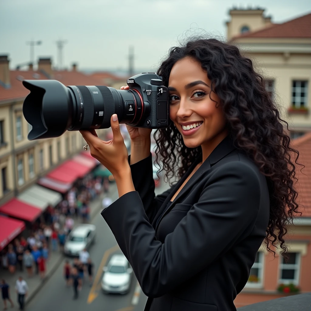realistic photo of a (pretty girl, 20 years old, brunette, black eyes) as graphic reporter with a long-shot photo cam at the top of a building , (full lips) , ((perfect face)), [[mild smile]], proportionate body,mixed white-latina herritage, beautyfull, beautyfull face, tanned skin, two arms, two legs, five fingers by hand, full body, (curly black long hair), elegant but confortable journalist clothes, cam at hand pointing at a street meeting, photographer girl shooting a man giving a speech at street, girl photographing a street politcal rally from the top of a building
