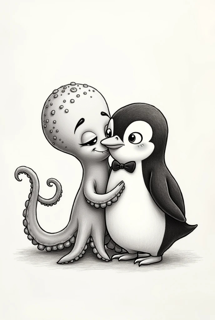 Pencil drawing of a cartoon style female octopus giving a kiss on the cheek to a cartoon style male penguin 