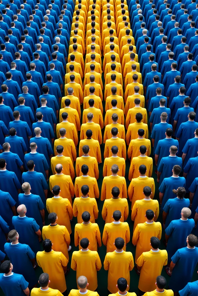 6 ROWS WITH 20 PEOPLE WITH FLAG DRESSED IN BLUE AND YELLOW IN A PROCESS SEEN FROM ABOVE