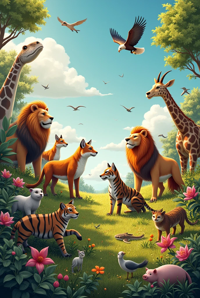animals, SNAKE , leon , zorro , pantera, Ave, There, giraffe, Goat toad, cat, tigre,
piggy , horse in the field enjoying the sun plus an eagle 