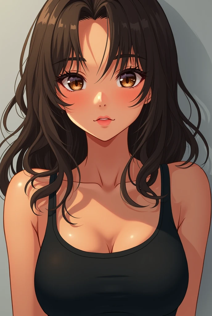 Teenage girl with wavy, long, brown hair, with layers, light brown eyes, small nose, big juicy lips, tanned skin, anime type, tight black tank top