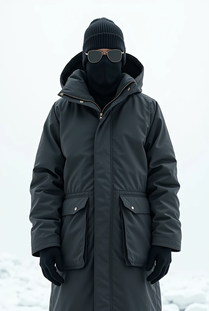 Man in a large, loose winter jacket wearing a black balaclava and black glasses (without showing anything of the face) in an all white place 