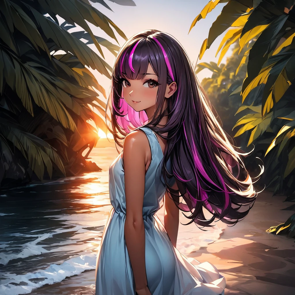 (highest quality:1.2, Very detailed, up to date, Vibrant, Ultra-high resolution, High Contrast, masterpiece:1.2, highest quality, Best aesthetics), super wide angle, Portraiture、girl、surfer, solo, (25-years-old:1), Bright colors、Beautiful fine details、Beautiful lip detail, long hair、black and purple ((streaked hair:1.6)), highlights hair: 1.5, brown eyes, ((slim body:1.4)), (small breast:0.7), (dark skin:0.5), summer dress, loose fit, standing tropical beach:1, parm trees, from behind:2, look at beautiful sunset, Backlit:1, (full body:1.5),