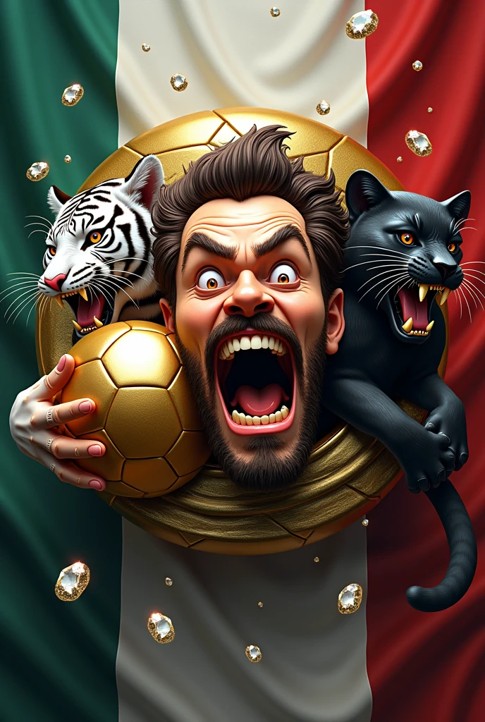 Logo of a gold plated soccer ball with a face inside the ball of a crazy animated schizophrenic holding the ball, the fierce white Bengal tiger and the fierce black panther for goal schizophrenics and with the Mexican flag in the background and white diamonds floating