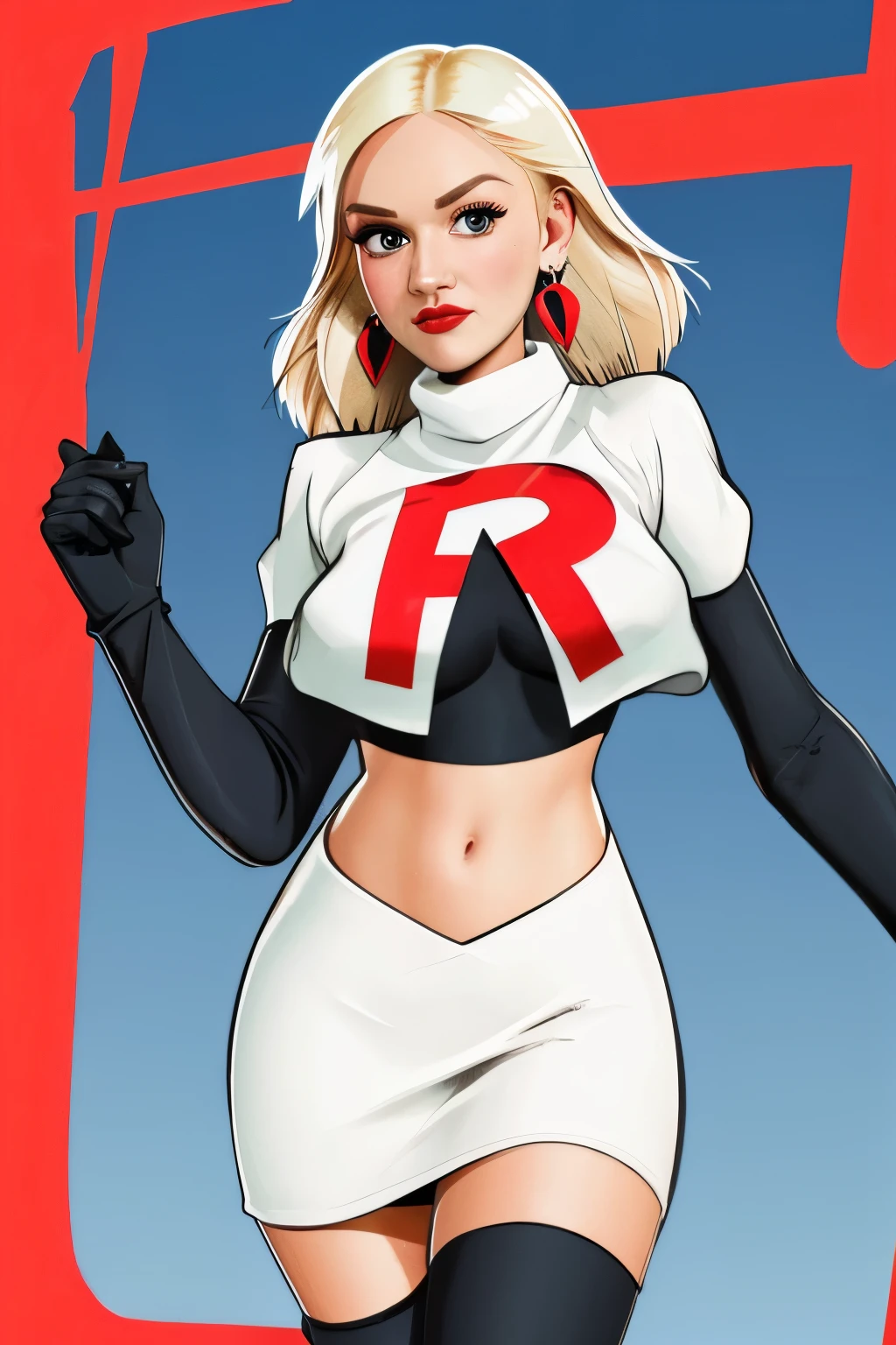 The face of Gwen stefani, 1girl, solo, team rocket,team rocket uniform,white skirt,red letter R,crop top,black thigh-highs,black elbow gloves, earrings, large breasts,