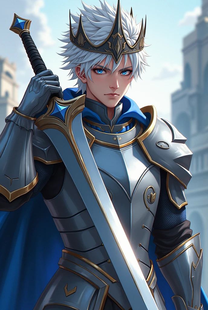 Male hero, anime human with a sword Wearing silver armor With a crown on his head Short white hair Blue eyes Wild face



