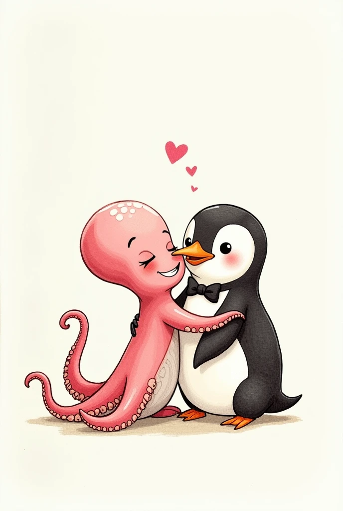 Pencil drawing of a cartoon style female octopus giving a kiss on the cheek to a cartoon style male penguin 