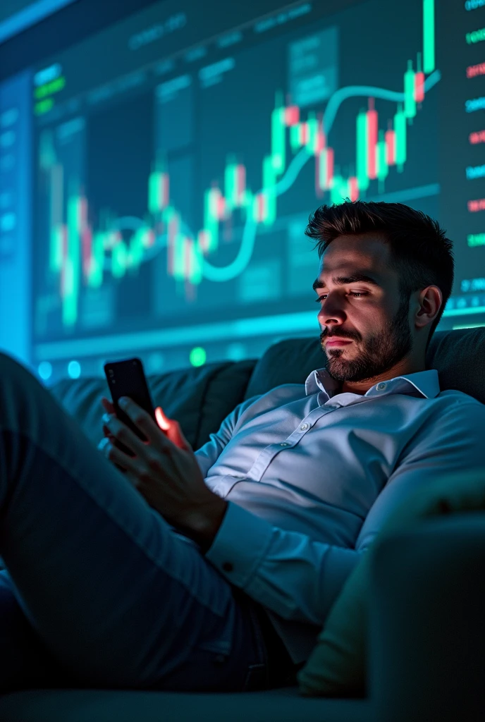 a realistic man using his cell phone, lying on the sofa, with money and growth charts around it, as if they were projections