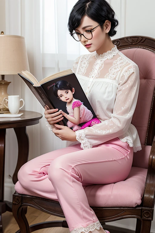 4 woman with short black wavy hair and transparent glasses wearing pink pants and a white lace blouse sitting on a chair with her legs crossed reading a book and with a kitten by her side.