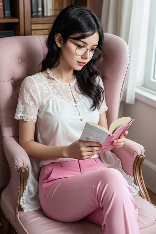 4 woman with short black wavy hair and transparent glasses wearing pink pants and a white lace blouse sitting on a chair with her legs crossed reading a book and with a kitten by her side. 