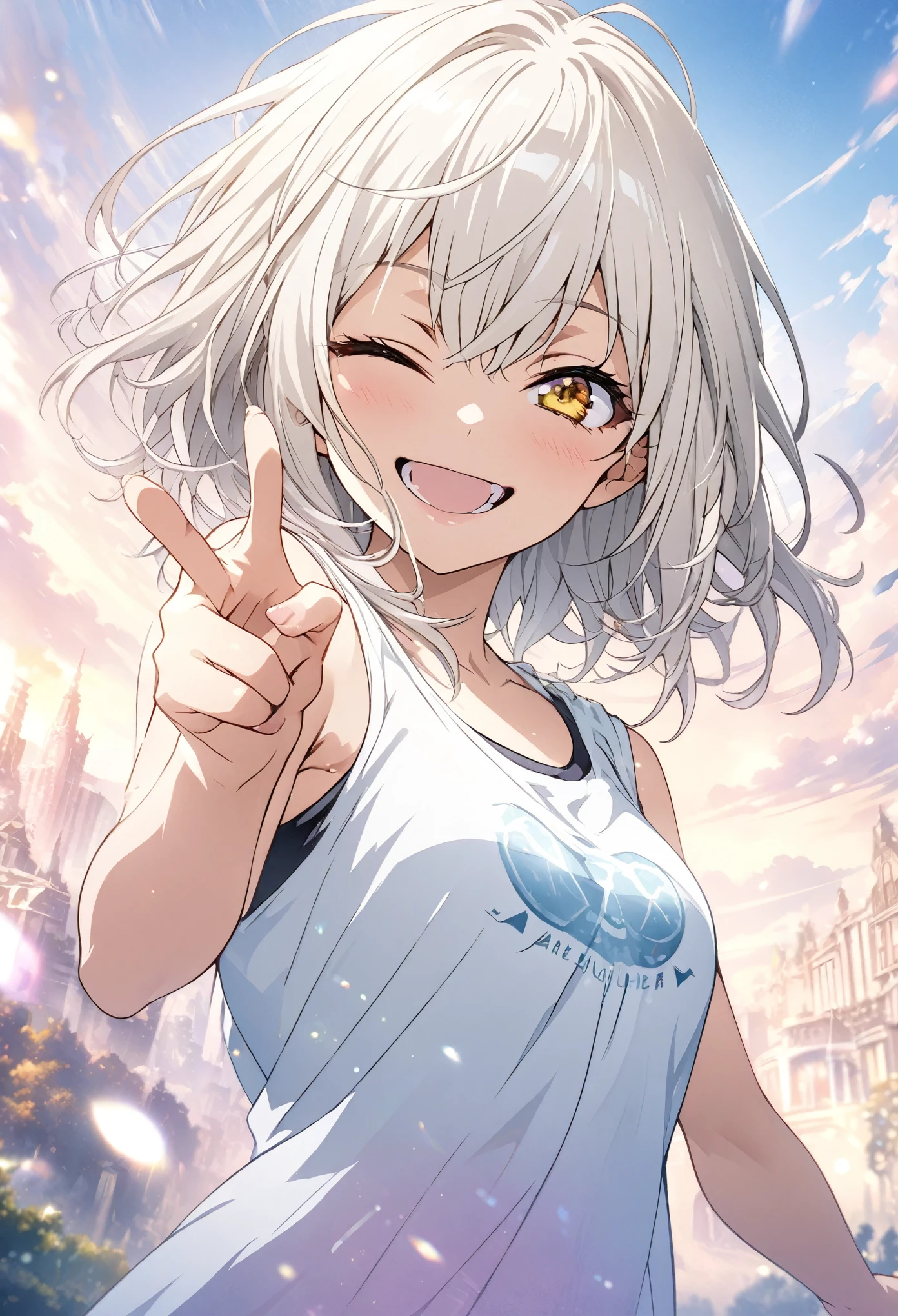 masterpiece, Highest quality, Highly detailed CG Unity 8K wallpapers, High School Girl Anime Illustration. Wear an oversized tank top、Finger gun pose、she has her eyes closed and mouth open, smile. The background is a light pastel colored landscape., white hair color, Yellow Eyes, Deep depth of field