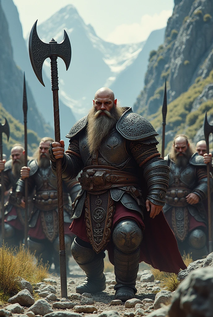 high fantasy, group of ten dwarven warriors with two-handed axes or spears